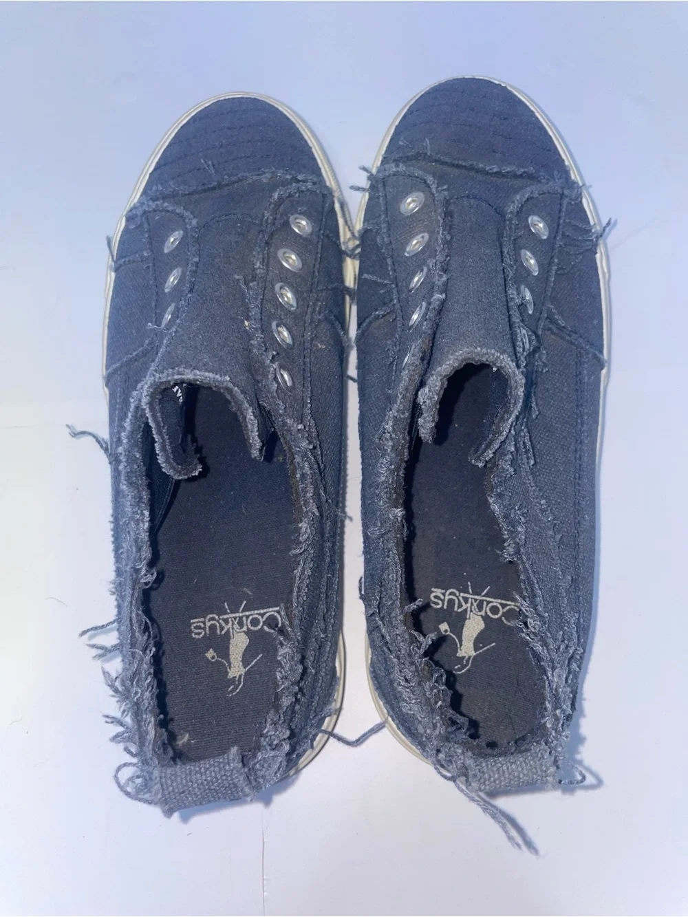 Corkys Women's Frayed Slip-On Sneakers in Navy size 8